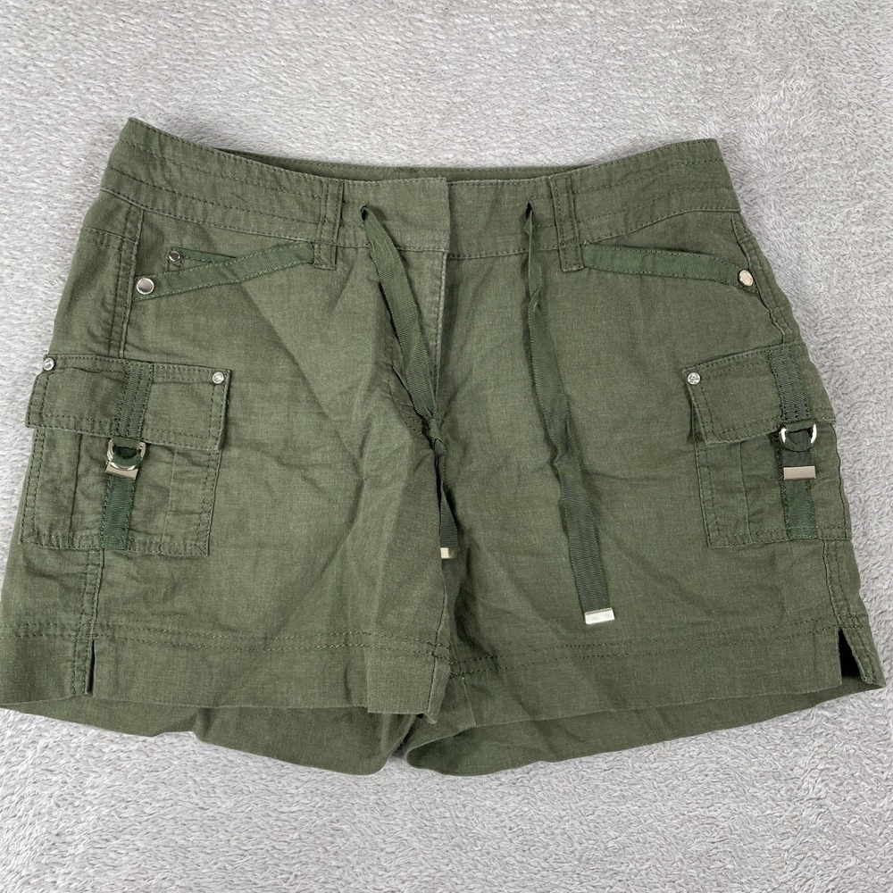 White House Black Market Cargo Shorts Womens 0 Green Linen Utility Safari Gorp